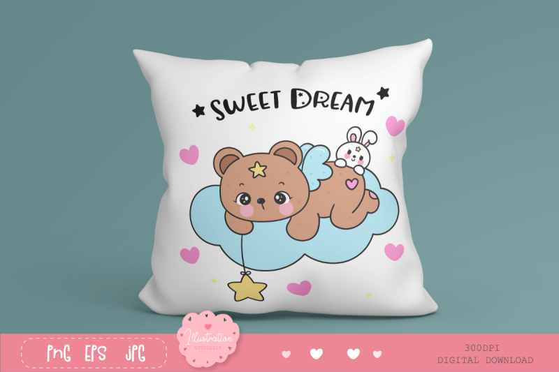 teddy-bear-and-bunny-rabbit-on-cloud-kawaii-cliparts-bedtime