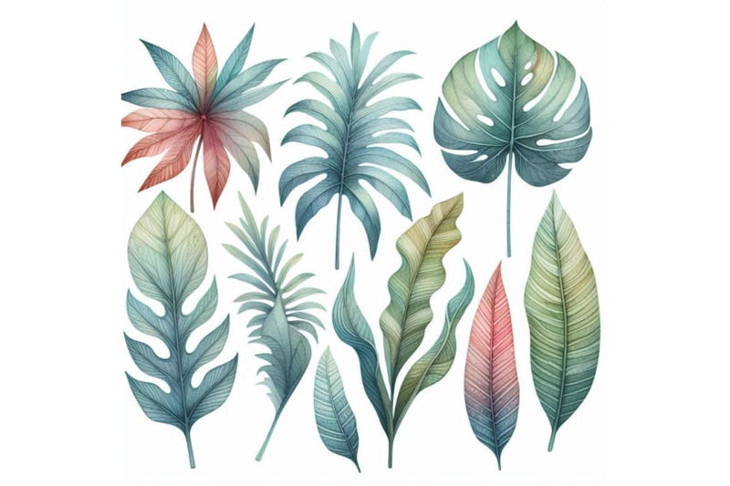 watercolor-tropical-leaf-set-drawing-of