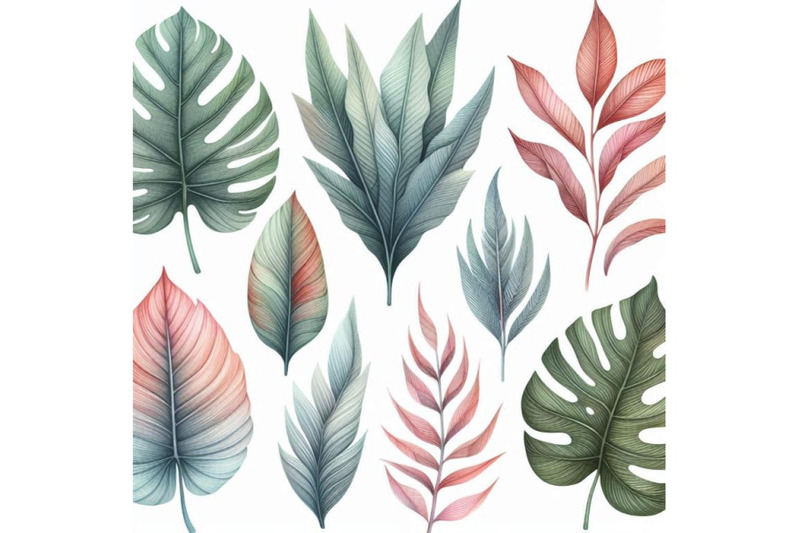 watercolor-tropical-leaf-set-drawing-of