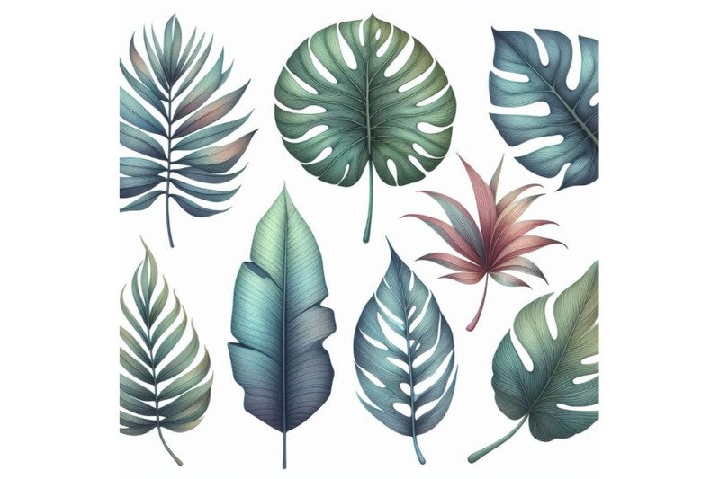 watercolor-tropical-leaf-set-drawing-of