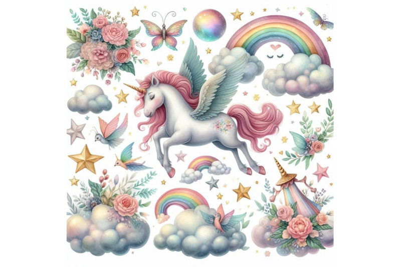 watercolor-fairy-tale-collection-with-flying-unicorn