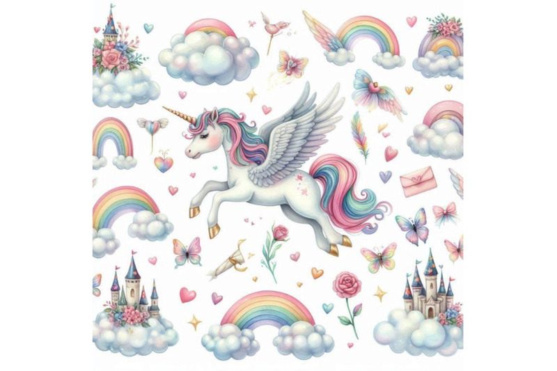 watercolor-fairy-tale-collection-with-flying-unicorn