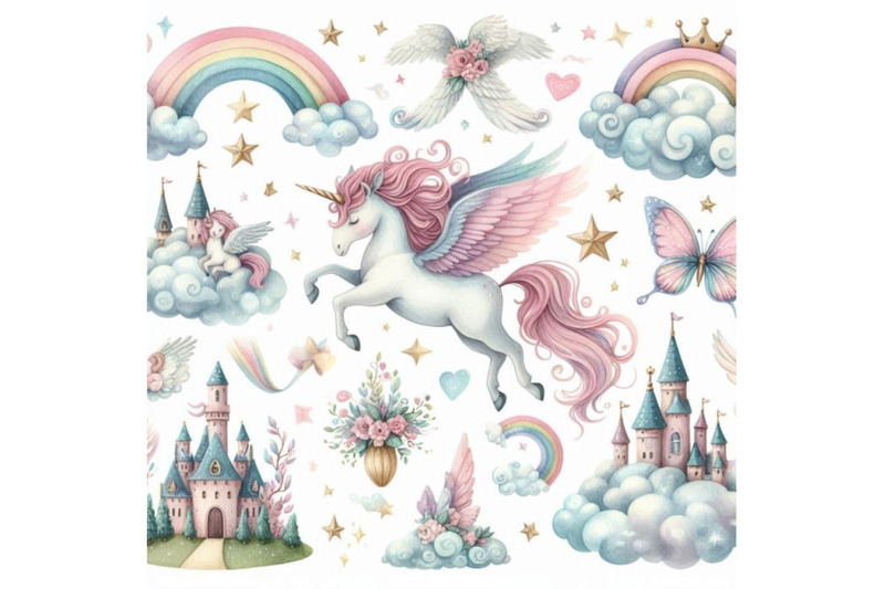 watercolor-fairy-tale-collection-with-flying-unicorn