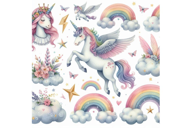 watercolor-fairy-tale-collection-with-flying-unicorn