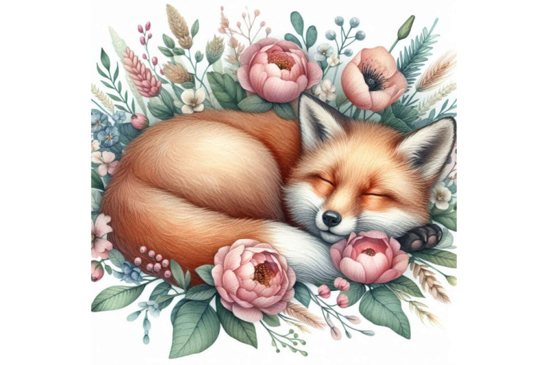 watercolor-sleeping-fox-among-flowers-isolat