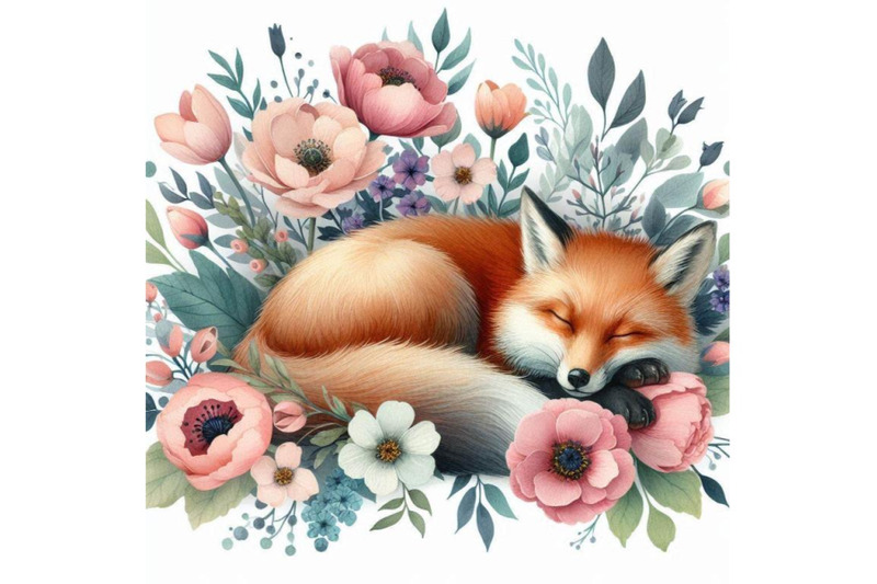 watercolor-sleeping-fox-among-flowers-isolat