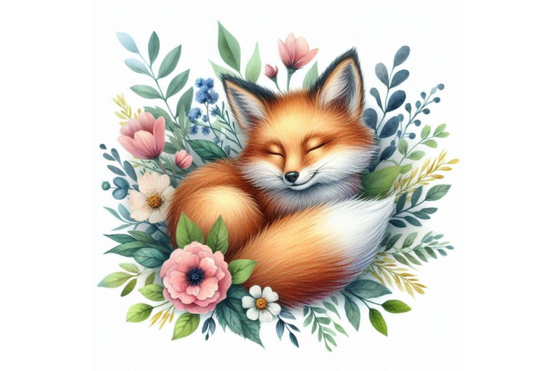 watercolor-sleeping-fox-among-flowers-isolat