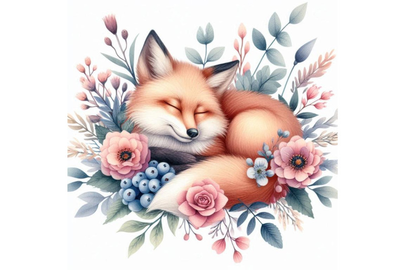 watercolor-sleeping-fox-among-flowers-isolat