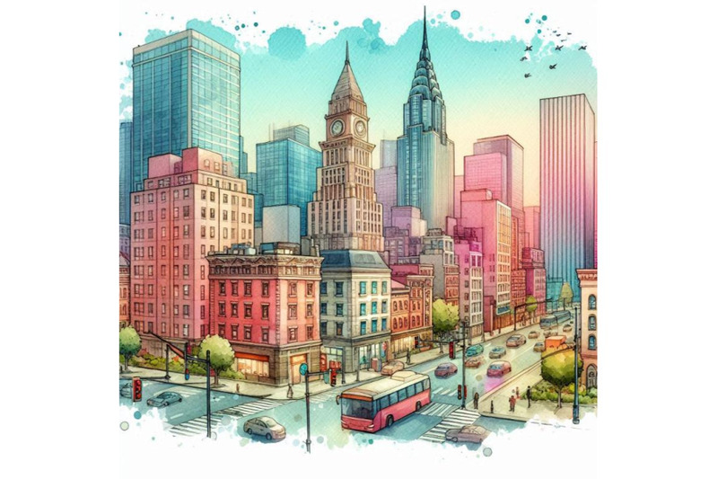 watercolor-cartoon-city