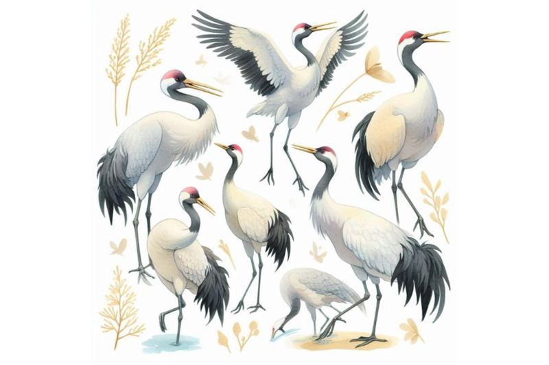 watercolor-asian-crane-bird-set