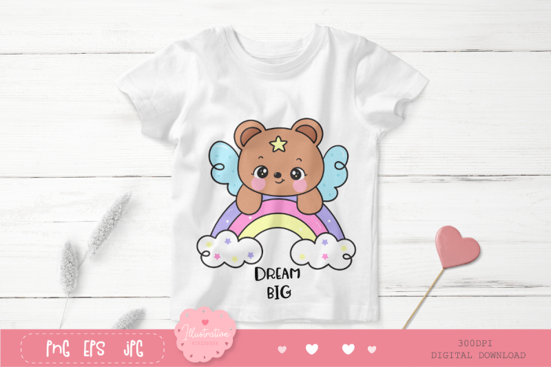 cute-teddy-bear-on-rainbow-kawaii-clipart-dream-big-cartoon