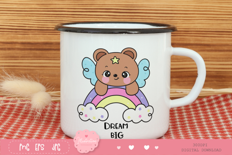 cute-teddy-bear-on-rainbow-kawaii-clipart-dream-big-cartoon