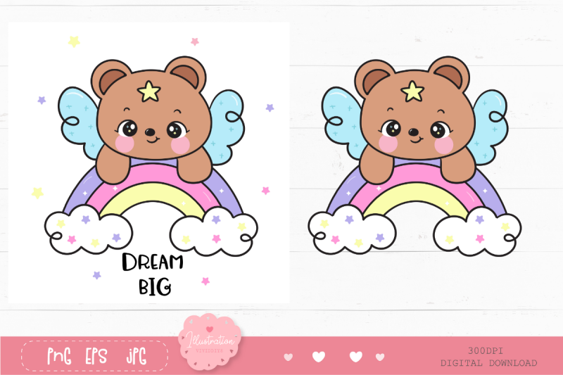 cute-teddy-bear-on-rainbow-kawaii-clipart-dream-big-cartoon