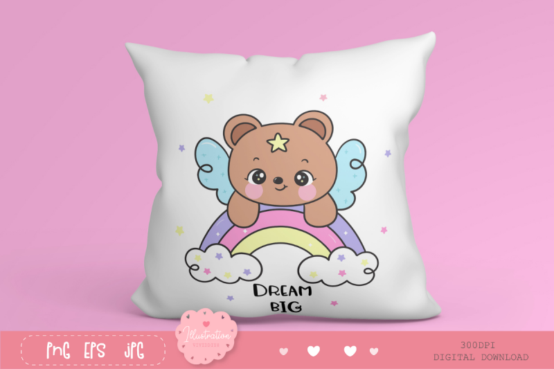 cute-teddy-bear-on-rainbow-kawaii-clipart-dream-big-cartoon