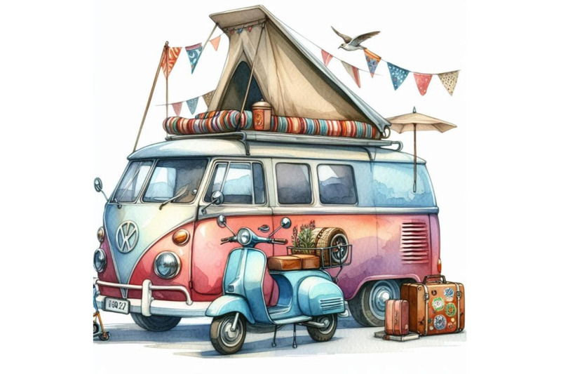 watercolor-hippie-camper-van-car-and-scoot