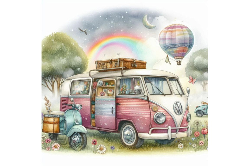 watercolor-hippie-camper-van-car-and-scoot