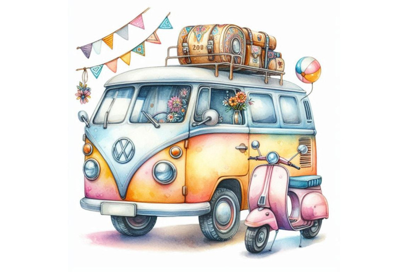 watercolor-hippie-camper-van-car-and-scoot