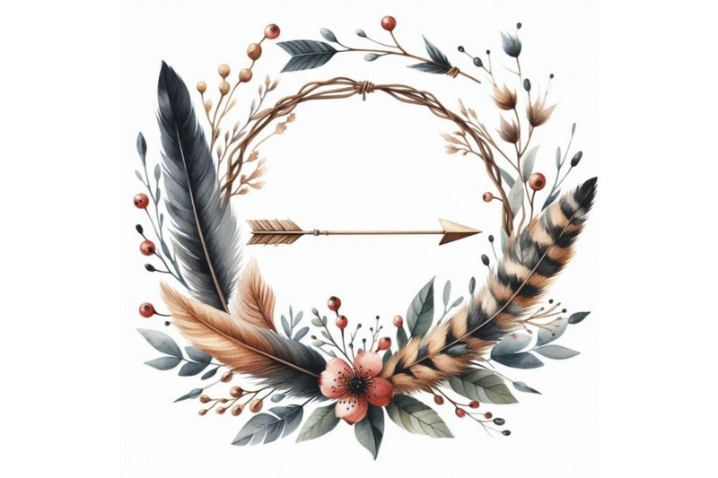 watercolor-wreath-with-bird-feathers-and-arr