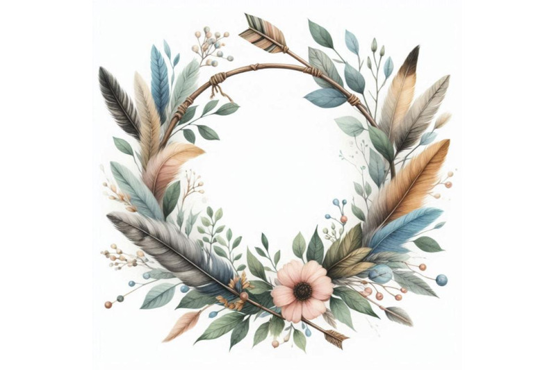 watercolor-wreath-with-bird-feathers-and-arr