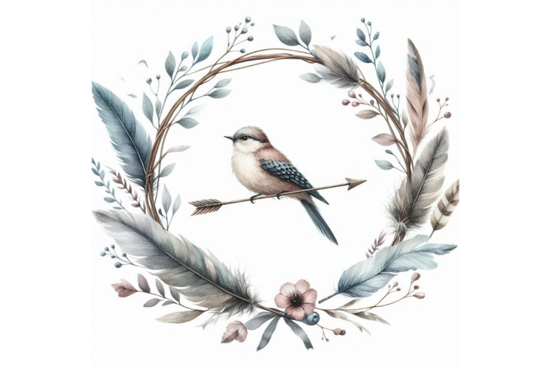 watercolor-wreath-with-bird-feathers-and-arr