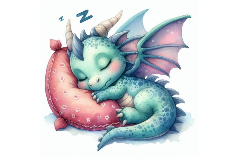 watercolor-sleeping-cute-dragon-on-a-pillow