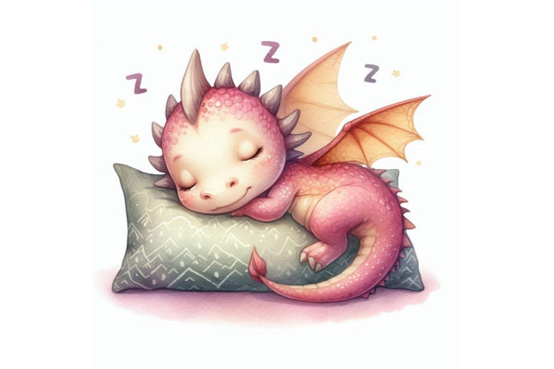 watercolor-sleeping-cute-dragon-on-a-pillow