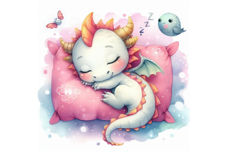 watercolor-sleeping-cute-dragon-on-a-pillow