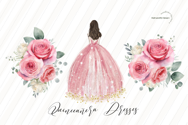 elegant-pink-princess-dress-quinceaera-clipart-blush-pink-flowers