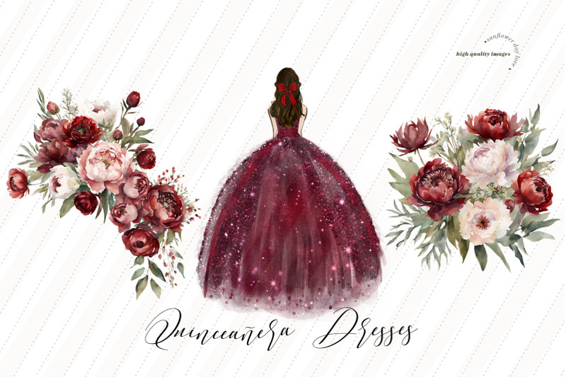 burgundy-red-princess-dress-clipart-burgundy-red-flowers-mis-quince