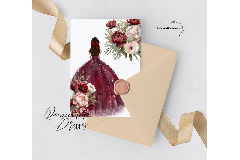 burgundy-red-princess-dress-clipart-burgundy-red-flowers-mis-quince