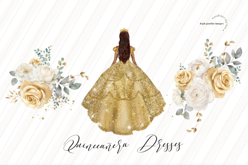 elegant-gold-princess-dress-quinceanera-clipart-gold-flowers-clipart