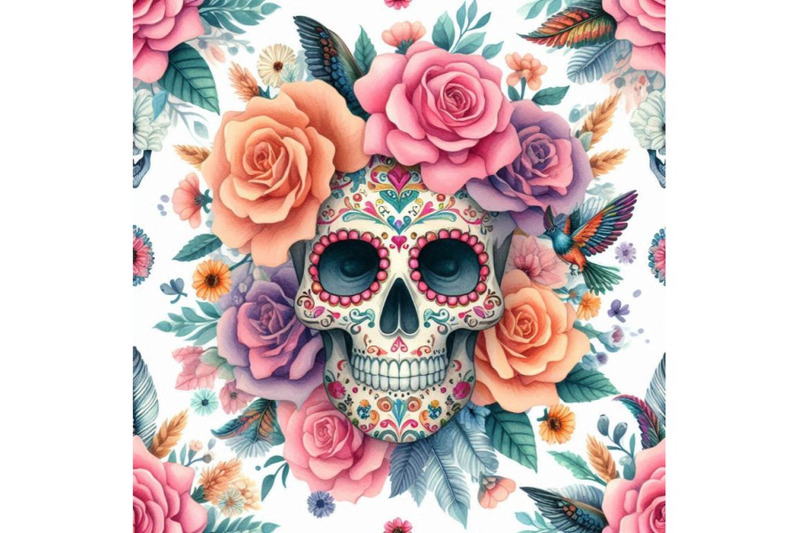 watercolor-mexican-sugar-skull-among-the