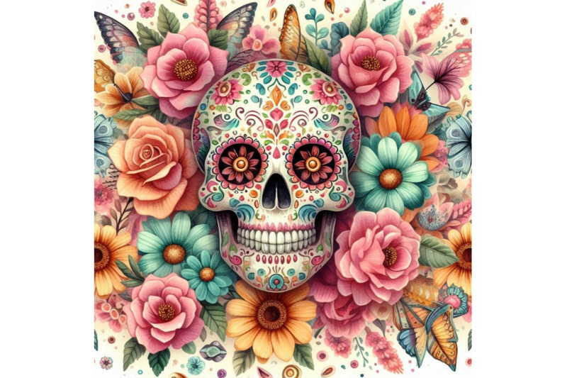 watercolor-mexican-sugar-skull-among-the-flowers