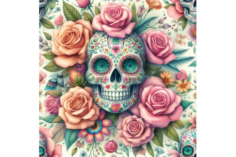 watercolor-mexican-sugar-skull-among-the-flowers