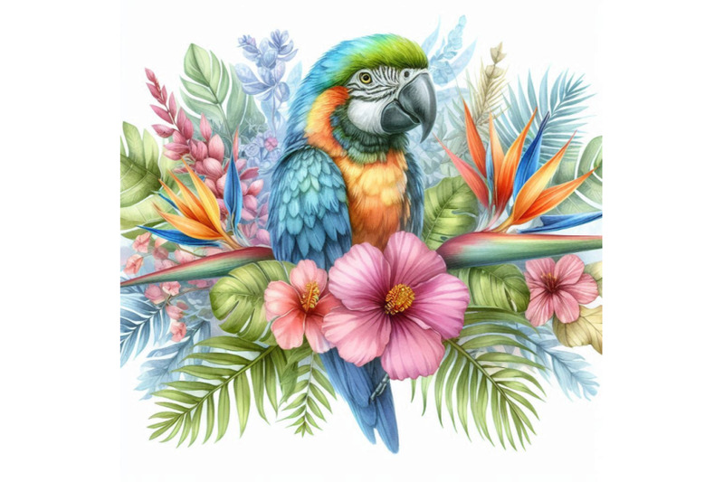 watercolor-parrot-with-exotic-flowers-and-leave