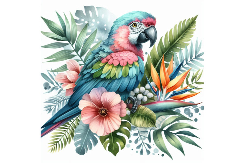 watercolor-parrot-with-exotic-flowers-and-leave