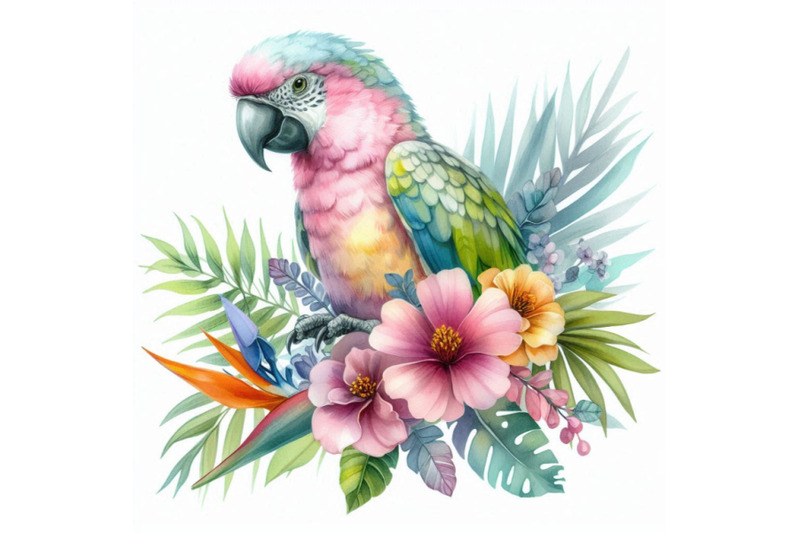 watercolor-parrot-with-exotic-flowers-and-leave