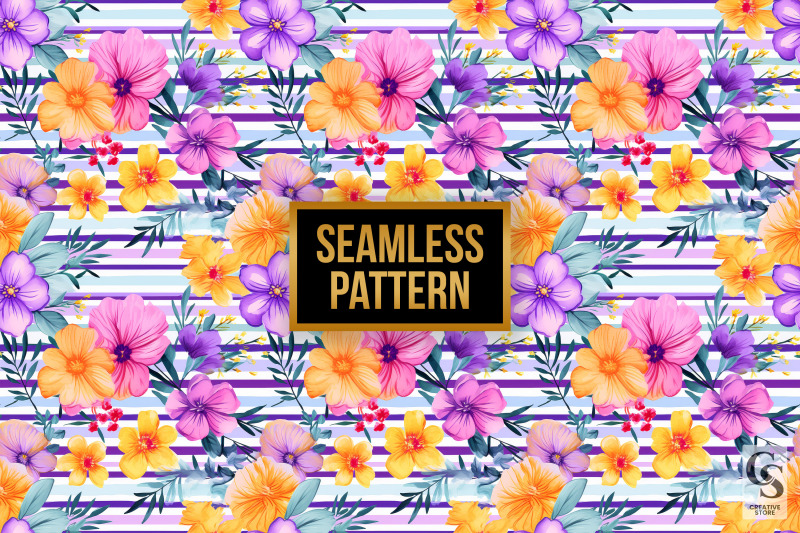 summer-watercolor-flowers-amp-stripes-seamless-patterns