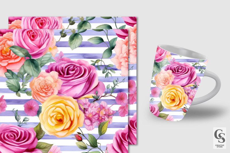 summer-watercolor-roses-bouquet-amp-stripes-seamless-patterns