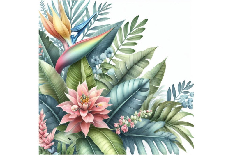 watercolor-exotic-leaves-and-flowers