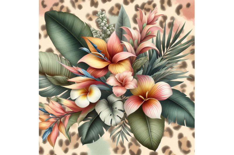 tropical-watercolor-flowers-and-leaves-on-animal-print