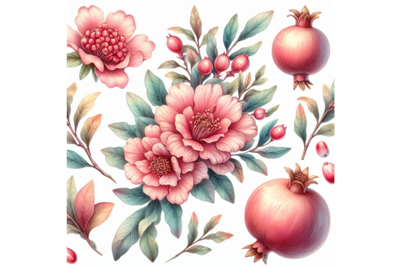 watercolor-pomegranate-bloom-branches-and-fruit-set