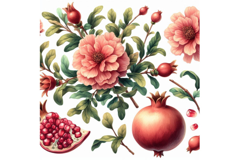 watercolor-pomegranate-bloom-branches-and-fruit-set