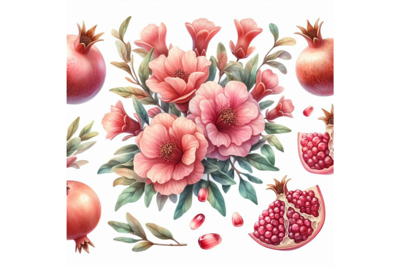 watercolor-pomegranate-bloom-branches-and-fruit-set