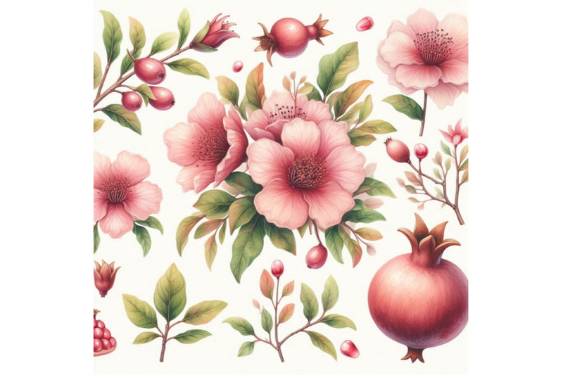 watercolor-pomegranate-bloom-branches-and-fruit-set