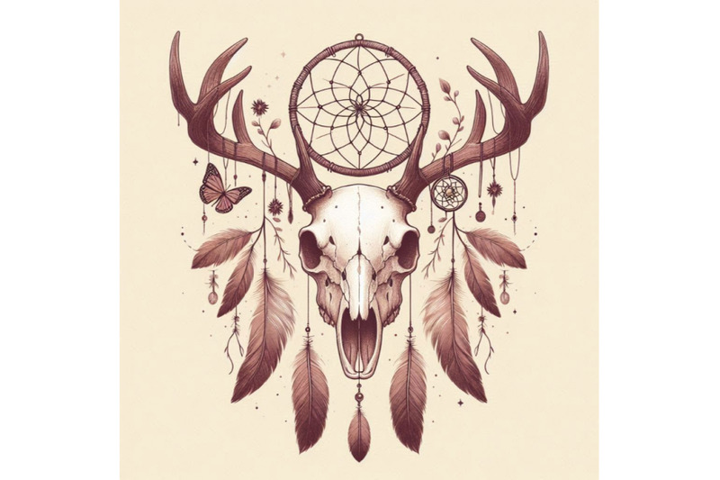 deer-skull-animal-skull-with-dreamcather-and-butterfly