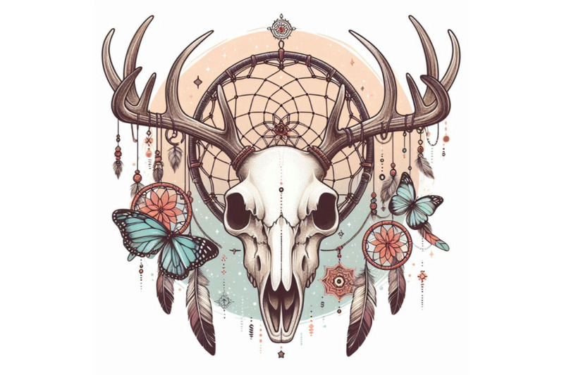 deer-skull-animal-skull-with-dreamcather-and-butterfly