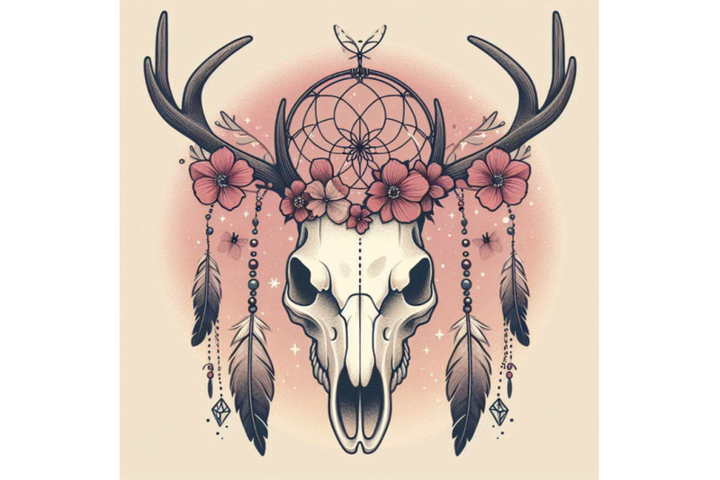 deer-skull-animal-skull-with-dreamcather-and-butterfly