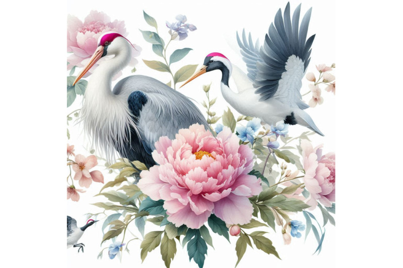 hand-painted-watercolor-peonies-and-crane-birds