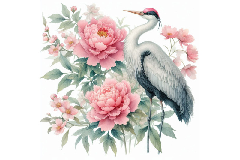 hand-painted-watercolor-peonies-and-crane-birds